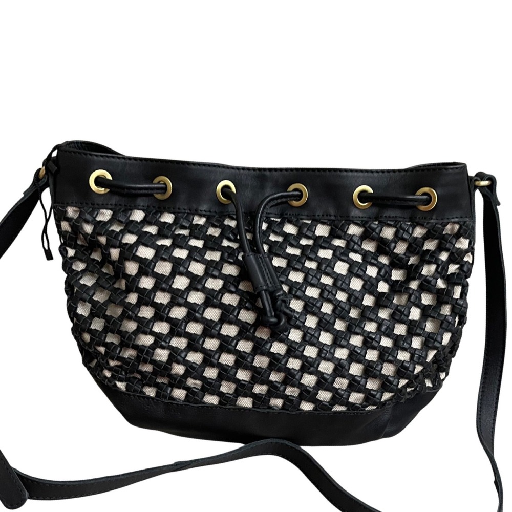 Marta Ponti NEW Black Woven Leather Bucket Bag Crossbody Drawstring Gold